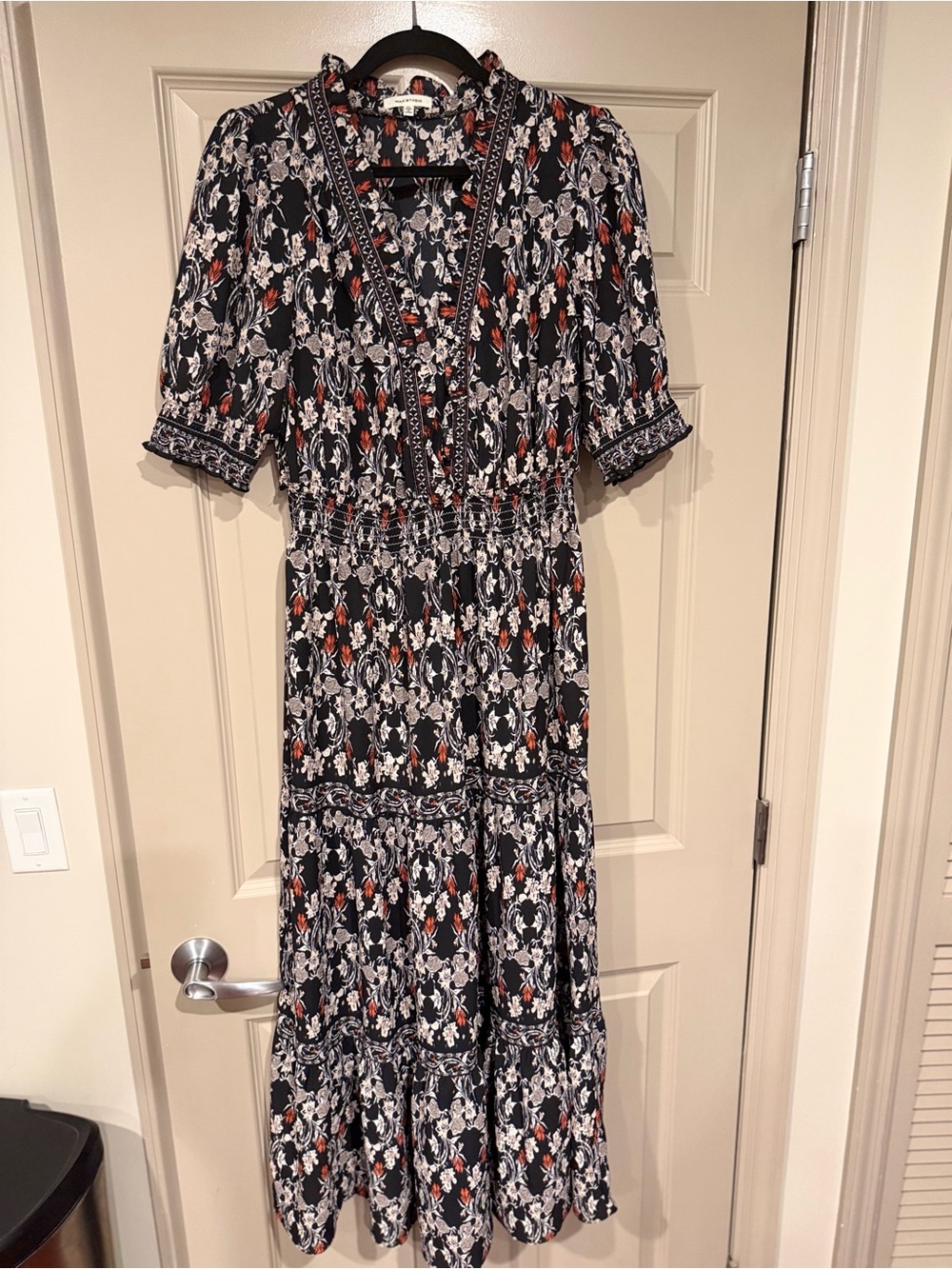 Worn once. Max Studio Black, Taupe, burnt orange Floral Ruffle V-Neck Maxi Dress